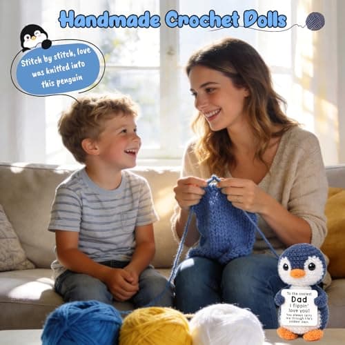 Fathers Day Dad Gifts from Daughter Son, Mini Dad Birthday Gift Father's Day Card Decoration Ideas Funny Daddy Gift Bonus Step New Single Best Dads Ever Present Christmas 2026 Handmade Crochet Penguin - Thumbnail 2