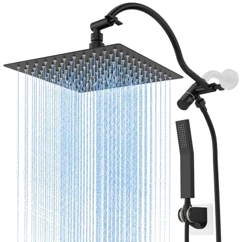 All Metal 10" Rain Showerhead with Handheld Spray Combo, Rainfall Overhead Shower Set with 12.6" Adjustable Extension Arm&Adhesive Bracket for All Families Matte Black Waterfall Shower Head with Hose - Image 1