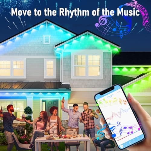 MUCCCUTE Permanent Outdoor Lights for Easter150ft RGB + IC Eaves Lights with App & Remote Control, Outdoor String LED IP67 Waterproof for Holidays New Year July 4th Roof Eaves House Garden Decor - Thumbnail 4