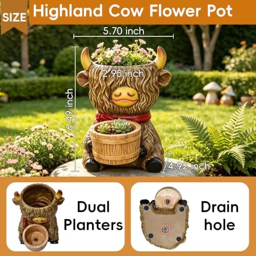 Cute Plant Pots Decor Gifts - Highland Cow Planter with Two Planters Animal Flower Pots with Drainage,Mini Succulent Pot for Home Desk Patio Decorations Outdoor Indoor Plants Pot Gift for Plant Lovers - Thumbnail 3