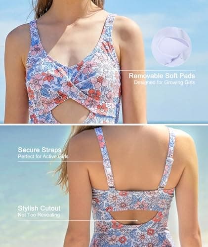 MFAVIP Girls One Piece Swimsuits Floral Bathing Suit for Teens V Neck Ruffle Straps Swimsuit Dress Size 9-16 - Thumbnail 3