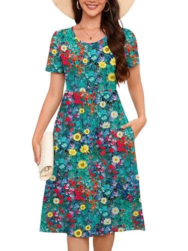 DEARCASE Summer Midi Dresses for Women Floral Rapeseed Petals Medium Short Sleeves A line Casual Wedding Guest Flowy Swing Cocktail Party Holiday Spring Travel Long Dress with Pockets
