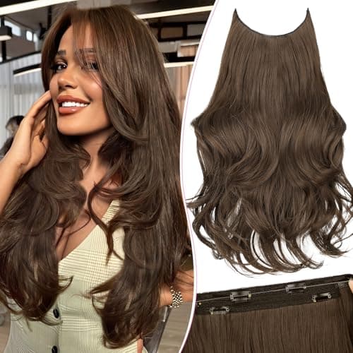 Invisible Wire Hair Extensions with Transparent Wire Adjustable Size 4 Secure Clips Long Wavy Secret Hairpiece 20 Inch for Women(Medium Ash Brown)