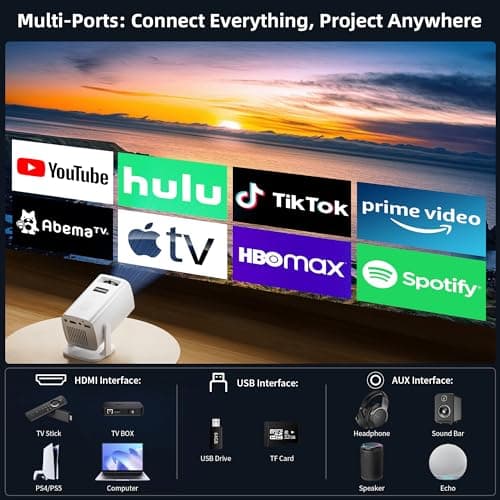 Mini Projector, Portable Projector 4K & Full HD 1080P Support, 270° Rotation Outdoor Projector, Movie Projector Compatible with Smartphone, TV Stick, Laptop, PS4, HDMI, USB - Thumbnail 3