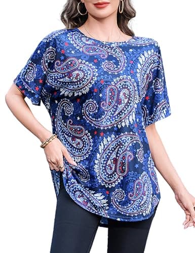 Totatuit Summer Oversized Tunic Tops for Women Crewneck Short Sleeve Graphic Tees Casual Loose Fit Drop Shoulder Shirts Curved Hem Ethnic Tribe Cashew Boho Beach Vacation T-Shirts - Image 1