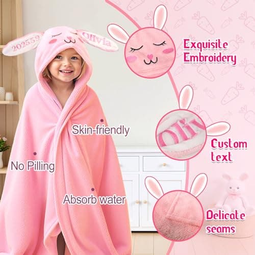 Individz Custom Hooded Bath Towel with Name, Personalized Highly Absorbent Bunny Towels, Baby Bath Towels for Girls Boys, Brithday for Baby, Toddler, Newborn (Pink-Bunny) - Thumbnail 3