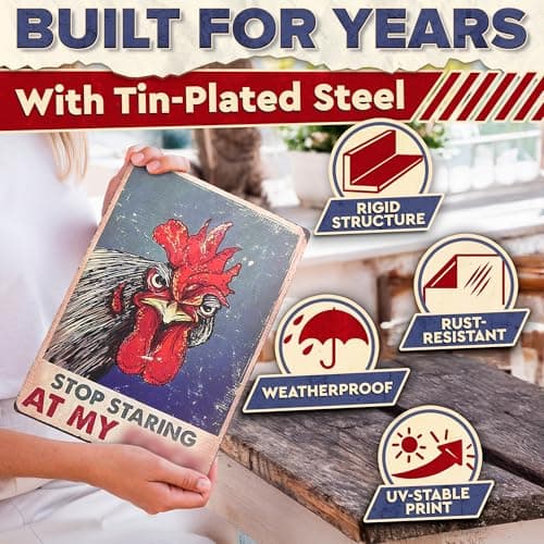 Chicken Coop Sign 8 x 12 Inches – Stop Staring at My Sign, Rooster Decor – Lightweight Durable Tin Metal, Fade-Resistant, Easy to Install, Indoor and Outdoor Use | Chicken Coop Accessories & Gifts - Thumbnail 3