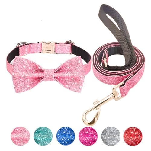 Jumpress Bling Bow Tie Dog Collar and Leash Set, Cute Pink Puppy Dog Collar with 5ft Leash for Small Dogs Daily Walking or Holiday Party (Neck fit 9-12’’)