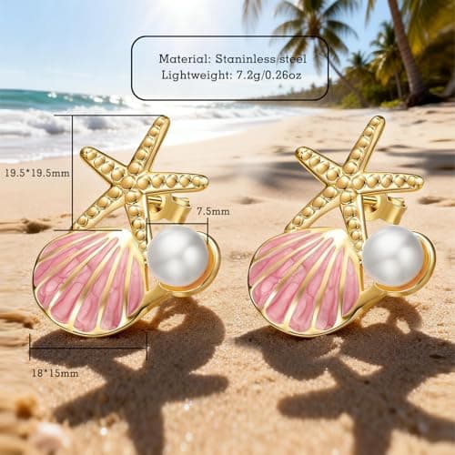 Stainless Steel Starfish & Seashell Summer Beach Earrings for Women, Pink - Thumbnail 5