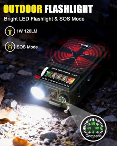 Emgykit R11 Emergency Crank Radio - 4000mAh/14800mWh NOAA/SW/AM/FM, Solar/Hand Crank/USB Charging, Bluetooth Receiver/USB/TF Playback,with Compass,Flashlight,SOS for Camping & Emergencies - Green - Thumbnail 4