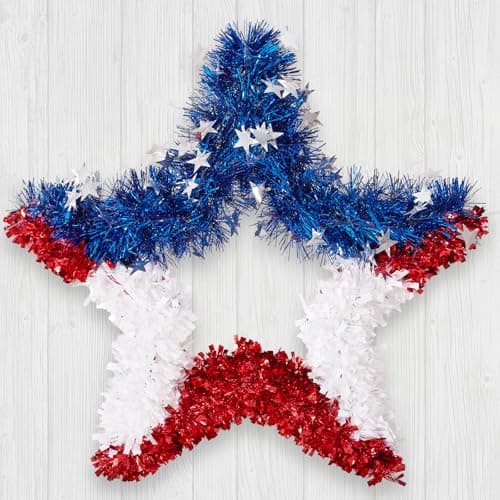 VeriNatural 4th of July Decorations - 19.5in Patriotic Red White and Blue Star Wreath - Independence Day Tinsel Wreath for Indoor Outdoor,Golf Cart, Party,Door and Wall Hanging Decor - Image 1