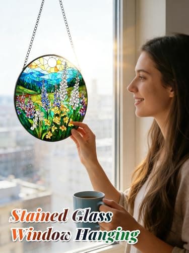 Stained Glass Window Hanging, Wildflowers Plant Scenery Suncatcher for Door Home Decor,Valley Sunrise Sun Catcher Ornament Mother's Day Birthday Gifts for Women Men Mom 6.3 in - Thumbnail 3