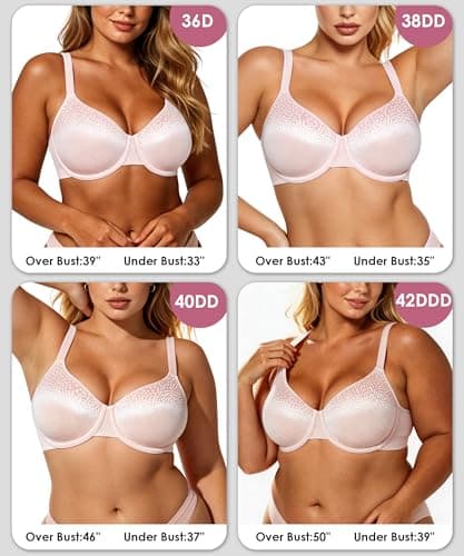 Brabalas Minimizer Bras for Women Full Coverage, Plus Size Underwire Support Bra for Large Bust, Unlined Non Padded Comfortable Bra with Soft Wire 42DDD Pink - Thumbnail 6