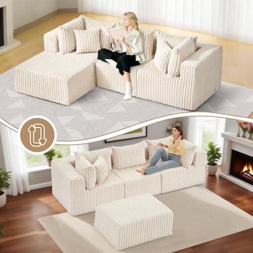PATAVOT 104 Inch Cloud Couch Sectional,Corduroy Boneless Couches for Living Room,L-Shaped Modular Sectional Sofa with Removable Ottoman and Deep Seat,No Assembly Required,Beige - Thumbnail 4