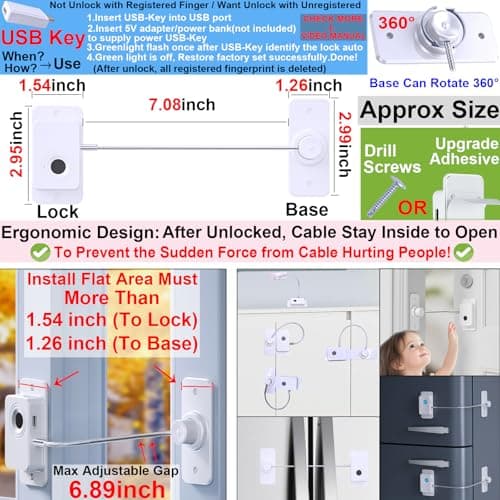 Bstsilver Fingerprint Fridge Lock No Drill w/USB Key, Smart Biometric Cable Latch for Cabinet Drawer Freezer Door Corner Window, Childproof Petproof RV Refrigerator Locks, Furniture Anchors Anti Tip - Thumbnail 2