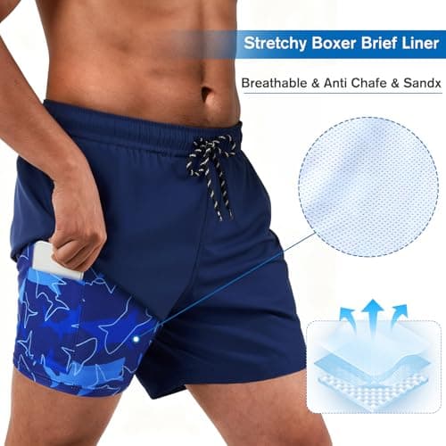 Cozople Mens Swim Trunks Blue Bathing Suit with Compression Liner Summer Quick Dry Swimming Shorts Ocean Shark Print Beach Shorts Swimwear S - Thumbnail 4