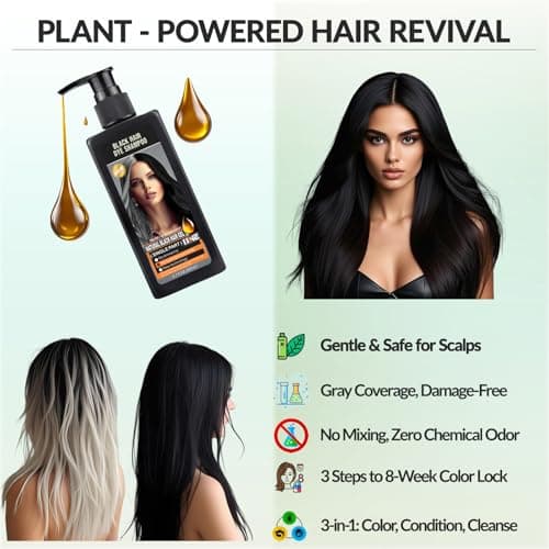 Natural Hair Color Dye Shampoo, Covers Gray Hair Fast with Long-Lasting Color, Plant-Based Formula Repairs Damaged Hair, Gentle on Scalp for At-Home Use, Men & Women(Black,6.7 Fl Oz/200ML) - Thumbnail 2