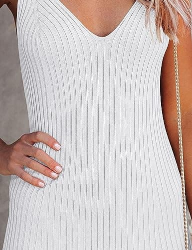 MEROKEETY Womens 2025 Summer V Neck Knit Midi Dress Bodycon Casual Sleeveless Ribbed Party Sweater Dresses,White,S - Thumbnail 5
