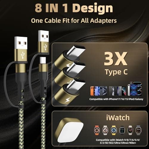 3 Type-C Ports 4 in 2 Multi Charging Cable for iWatch Charger/ iPhone17, 2026 Travel Cruise Essentials USB C Splitter, USBA/USBC Cable for iWatch Ultra/SE/11-2, iPhone17-15/S26/Car, More, 5FT Olive - Thumbnail 2