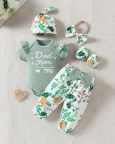 ChuYuKu Newborn Girl Clothes 5Pcs Ruffle Sleeve Soft Romper Cute Spring Flower Pants Set Baby Girls Celebration Gift Outfits - Thumbnail 2
