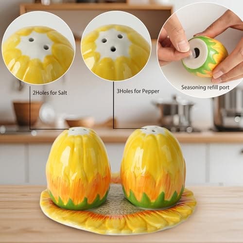 Hand-Painted Sunflower Ceramic Salt and Pepper Shaker Set - Farmhouse Kitchen Decor,Includes Storage Tray, Perfect Housewarming & Hostess,Birthday Gift - Thumbnail 4