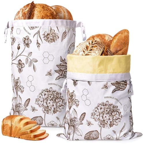 Reusable Vintage Floral Beeswax Bread Bag for Sourdough, 2 Pack Large Beeswax Lined Cotton Homemade Bread Storage Bags, Natural Freshness Keeper, Brown, 17''x 13" - Image 1