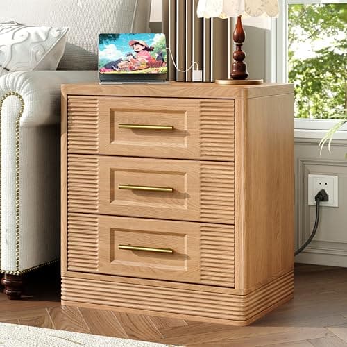 RECHHX 3 Drawer Dresser for Bedroom, 25.6" Tall Nightstand with Charging Station, Farmhouse 23.6" Wide End Table, Thermoformed Curved Small Chest of Drawers for Bedroom, Living Room, Nature Oak - Thumbnail 3