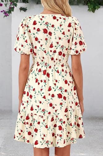 dowerme Women Summer Casual Dresses 2026 Puff Short Sleeve V Neck Floral Boho Midi Dress Flowy Ruffle Spring Sundress(Floral Apricot Red,Medium) - Thumbnail 5