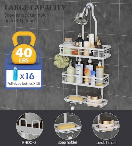 OMAIRA Shower Caddy Hanging with Soap Scrub Holder, Stainless Steel Adjustable No Drilling Non-Slip Large Capacity Sturdy Over Shower Head Shower Organizer Inside Shelves Bathroom Storage Rack, White - Thumbnail 5