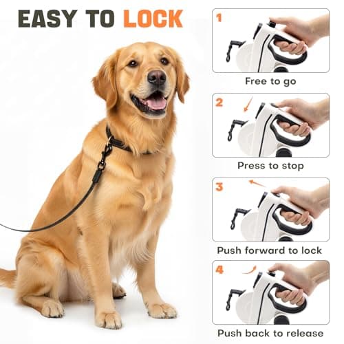 Retractable Dog Leash with LED Light & Reflective Tape for Night Walk, 16ft Dog Leash with Poop Bag Dispenser, Chew-Proof Steel Cable, One-Button Brake & Lock for Medium Dogs up to 66 lbs (BLK&WHT) - Thumbnail 4