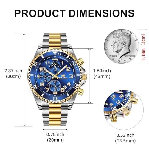 OLEVS Watch Men Luxury Chronograph Moon Phase Large Blue Face Waterproof Analog Quartz Wrist Watches for Men Fashion Silver and Gold Stainless Steel Luminous Nice Mens Watches Relojes para Hombres - Thumbnail 4
