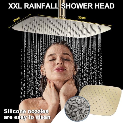SonTiy Rain Shower Head with Handheld Spray and Shower Shelf Caddy, 12Inch High Pressure rainfall Showerheads and Hand Shower Combo with Height Adjustable Holder Shower Head System, Brushed Gold - Thumbnail 3