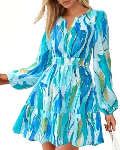 BTFBM Spring Dresses for Women 2026 Mini Long Sleeve Elastic Waist Summer Vacation Outfits Floral Wedding Guest Dress(Floral Blue Green, X-Large) - Image 1