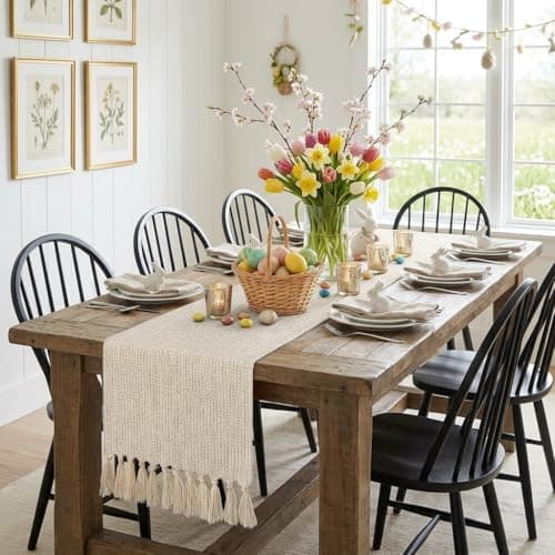 yuboo Boho Table Runner 72 Inches Long, Rustic Farmhouse Dresser Runners for Bedroom, Beige Linen Woven Table Runner with Tassels for Dining Room, Coffee Table, Wedding Decor, Vintage Home Decor - Thumbnail 3