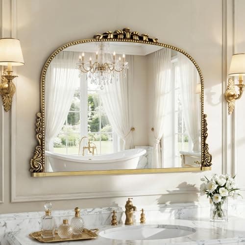 26x38 inch Vintage Arched Gold Ornate Baroque Mirror - Wall Vanity Mirror with Beautiful Retro Top and Bottom Engraving Process Frame for Bathroom, Living Room, Fireplace, Entryway, HD Tempered Glass - Image 1