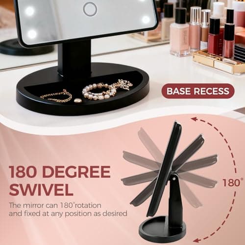 KOOKIN Lighted Vanity Makeup Mirror Led Lights 180 Degree Rotation Lighted Mirror Touch Screen Adjusted Brightness Desk Mirrors USB Dual Supply Bathroom Beauty Cosmetic Mirrors (Black) - Thumbnail 6