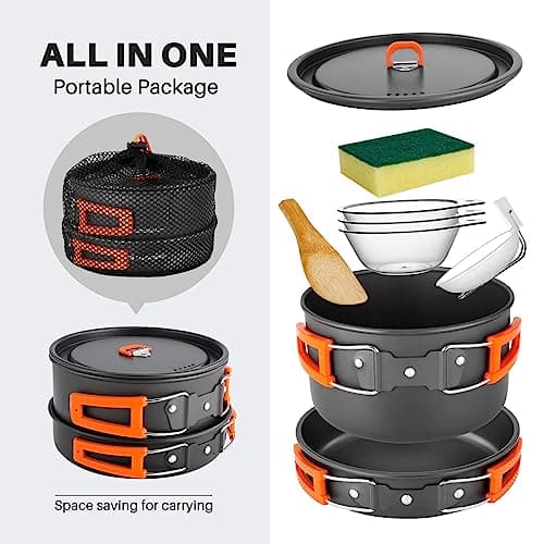 Odoland 9pcs Camping Cookware Non-Stick Lightweight Camping Pots and Pans Set with Plastic Bowls Soup Spoon for Camping, Backpacking, Outdoor Cooking and Picnic - Thumbnail 5