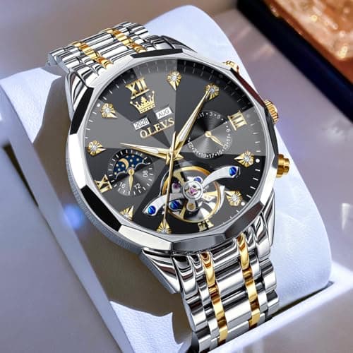 OLEVS Automatic Watches for Men Black Luxury Sliver and Gold Mechanical Waterproof Men Wrist Watch Fashion Self Winding Mens Watches Two Tone Stainless Steel No Battery Watch Reloj para Hombre - Thumbnail 3