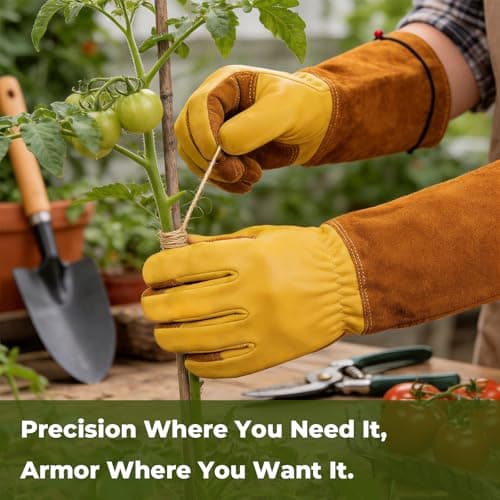 Aegend Long Gardening Gloves for Men, Reinforced Fingertips Cowhide Leather, Elbow-Length Gauntlet Cuff, Breathable & Durable for Yard Work Fit for Large Hands (Gold Yellow, XL) - Thumbnail 4