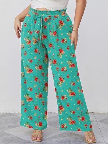 AusLook Plus Size Wide Leg Pants for Women High Waist Elastic Drawstring Palazzo Casual Lounge Beach Travel Vacation Resort Cyan Hibiscus 2X Pants with Pockets Flowy Summer Comfy Outfit - Thumbnail 4