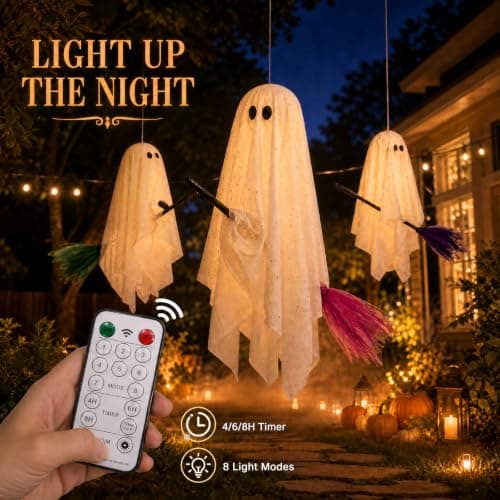 Halloween Decorations Outdoor, 3 Pack Hanging Ghosts on Brooms with Built-in Warm Lights, Flying Ghost Family Decor, Floating Gauze Ghost for Tree, Porch, Yard, Patio, Indoor Halloween Decorations - Thumbnail 2