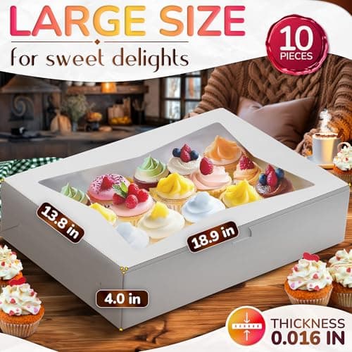 10 Pcs Cake Box with Window 19x14 – Rectangular Half Sheet Cake Box Glossy Finish – Bakery Boxes for Cakes, Cupcakes and Pastries – Cardboard Packaging for Transport, Storage and Dessert Presentation - Thumbnail 2