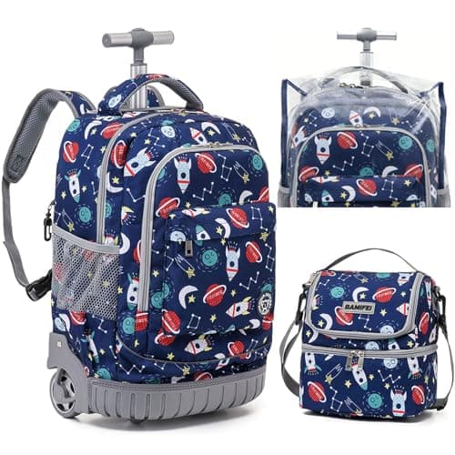 BAMIFEI 18 Inch Rocket Rolling Backpack for Kids, Rocket Roller Backpacks Kids Backpack Carry On Wheeled School Backpack, Spacious Multiple Compartments Quiet Wheels Travel Backpack for Boys - Image 1
