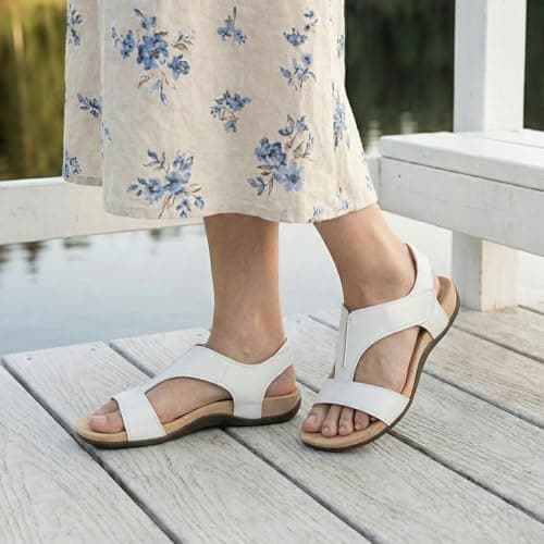 Athlefit Arch Support Orthopedic Sandals for Women Beach Orthotic Flat White Sandals Summer Casual Size 7.5 - Thumbnail 3