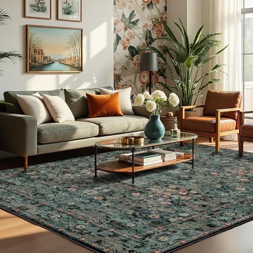 Dark Green Boho 5x7 Area Rugs for Bedroom Aesthetic, Washable Floral Rug for Living Room, Nursery - Low Pile Non Slip French Country Carpet for Dining Room Under Table - Botanical Mat for Indoor - Thumbnail 6