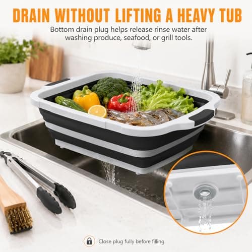 Collapsible BBQ Prep Tub with Cutting Board & Lid, Folding Food Container BPA-Free Heavy-Duty, Dishwasher Safe, Upgraded Drain Hole - for Camping, Grilling Outdoor Cooking (Black, X-Large) - Thumbnail 6