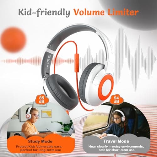TONOSHARK Kids Wired Headphones with Microphone, Volume Limited to 85/94dB, Foldable 3.5mm Jack Headset for Girls, Pink Over-Ear Headphones for School, Study & Travel, Includes Carry Case（White） - Thumbnail 3