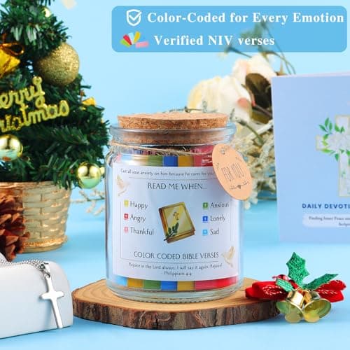 Bible Verse Jar, Christian Gifts For Women Faith, Inspirational Gift for Mom, Read Me When Prayer Bible Jar for Men, Religious Home Decor, 90 Color Coded Scripture Cards with Cross Necklace - Thumbnail 2