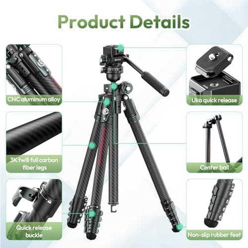 ULANZI JJ06 GlideGo Carbon Fiber Video Tripod, Dual 360° Pan Head, 73.6 inch Max Height, 11 lb Load, UKA Quick Release, Professional Portable Lightweight Travel Tripod with Bag - Thumbnail 6