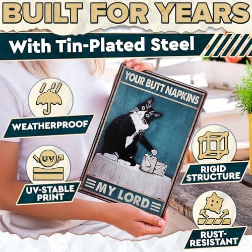 Funny Cat Bathroom Sign – “Your Napkin My Lord” 12 x 8 inch Tin Sign, Rustic Black Cat Wall Decor for Home, Farmhouse Bathroom Metal Plaque, Vintage Cat Wall Art for Toilet or Guest Bath - Thumbnail 4